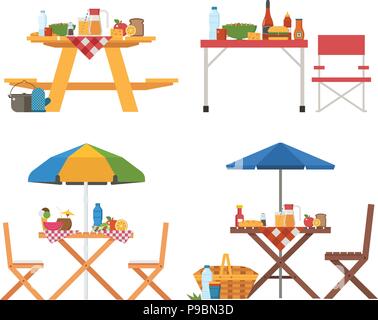 Table de pique-nique avec de la nourriture d'icônes. Barbecue différentes tables et chaises avec parasol, une couverture, des fruits et des boissons. Les repas en plein air et sorties collection. Illustration de Vecteur