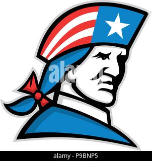 L'icône de mascotte illustration de tête d'un patriote américain Minuteman ou soldat révolutionnaire, avec drapeau USA stars and stripes sur son chapeau tricorne . Illustration de Vecteur