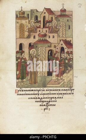 Sergius de Radonezh "ferme" églises de Nijni-novgorod (à partir de l'allumé compilé chronique). Musée : Bibliothèque nationale russe, Saint-Pétersbourg. Banque D'Images