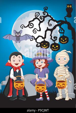 Cartoon kids avec costume Halloween citrouille holding basket Illustration de Vecteur