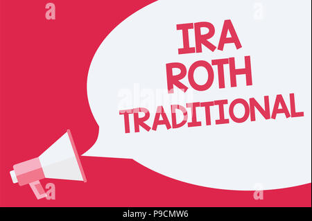 Main conceptuel montrant écrit Roth IRA traditionnel. Photo d'affaires mettant en valeur sont déductibles de l'impôt à la fois aux Etats et n'oubliez pas de rappel fédéral public afin Banque D'Images