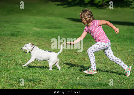 Portrait of a young caucasian girl chasing petit chien qui pris balle de tennis Banque D'Images