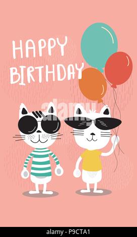 Cute cartoon couleur pastel, carte d'anniversaire drôle de chats dans des lunettes de soleil et holding balloons Illustration de Vecteur