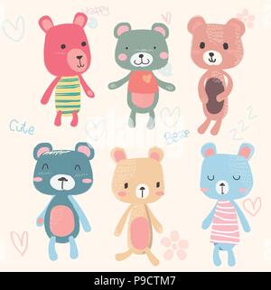 Vector set of cute teddy bears personnage de dessin à la main dans des couleurs pastel, et l'impression d'enfant bébé Illustration de Vecteur