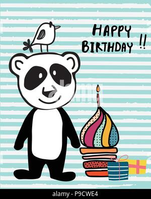 Doodle mignon panda et d'oiseaux colorés avec cup cake et bougie, adapté pour l'impression de cartes joyeux anniversaire Illustration de Vecteur