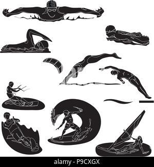 Les nageurs en compétition, nager, sport, vecteur. L'été, l'eau, la mer. Illustration de Vecteur