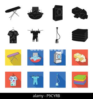 Aspirateur, une pile de linge sale, et nettoyer des choses. Nettoyage à Sec collection set icônes dans black,flet vecteur illustration stock style symbole . Illustration de Vecteur