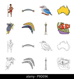 Koala sur le bambou, le boomerang, la tour de Sydney, le poisson clown et l'ammonium.Australie collection set icônes de cartoon style du contour symbole,vecteur stock illustra Illustration de Vecteur