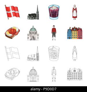 Le Danemark, l'histoire, d'un restaurant et d'autre icône de style cartoon,contours.Sandwich, pain, icônes de collection set Illustration de Vecteur