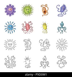 Différents types de microbes et virus. Les virus et les bactéries dans les icônes collection set,cartoon style Contour Symbole vecteur illustration de stock . Illustration de Vecteur