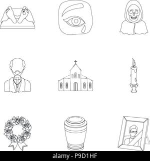 Cérémonie funéraire, cimetière, cercueils, prêtre.cérémonie funèbre dans l'icône set collection sur stock style du contour symbole vecteur illustration web. Illustration de Vecteur