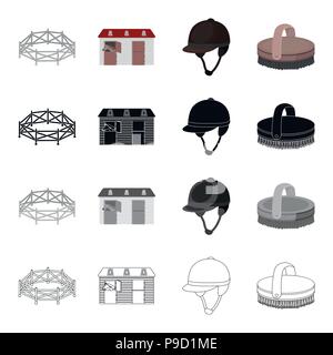 Course de chevaux, d'équitation, cavalier jockey, d'un pinceau. Hippodrome et les courses de chevaux set icônes de la collection cartoon monochrome noir style Contour Symbole vecteur sto Illustration de Vecteur