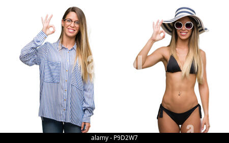 Jeune belle blonde woman wearing bikini smiling business et tenues positive faisant ok signe avec la main et des doigts. Expression réussie. Banque D'Images