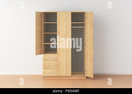 Vide armoire en bois avec des portes ouvertes à l'intérieur. 3D render Banque D'Images