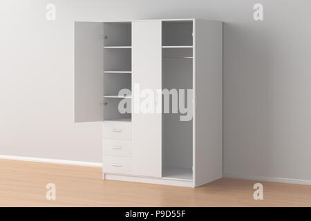 Vide armoire blanche avec des portes ouvertes à l'intérieur. 3D render Banque D'Images