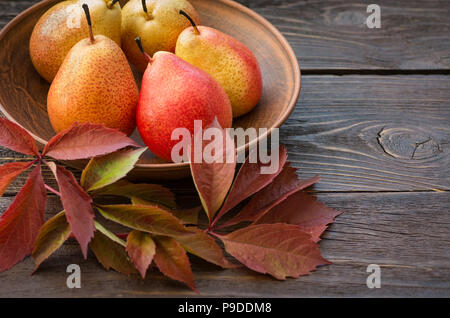 Les poires. La collecte des poires. Poires mûres fraîches dans une plaque d'argile avec des feuilles d'automne sur une table en bois. La récolte d'automne de poire. Le concept de l'automne la nature. Banque D'Images