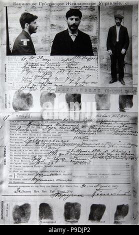 La carte d'information sur J. Jugashvili (Staline) à partir des fichiers de la police secrète tsariste à Bakou. Musée : Musée de centrale de l'état de l'histoire contemporaine de la Russie, Moscou. Banque D'Images