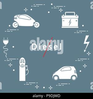 Interdiction des moteurs diesel. Le transport est respectueux de l'environnement. Voitures électriques, batterie, station de recharge, signe de sécurité électrique, câble, connecteur électrique Illustration de Vecteur