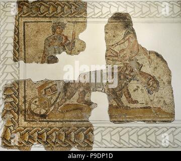 Mosaïque de Bacchus avec char et des panthères. 3e siècle. À partir de la carrière de port. Tarragone, Espagne. Musée Archéologique National. Tarragone. L'Espagne. Banque D'Images