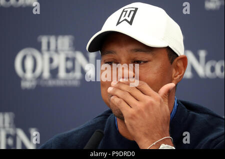 USA's Tiger Woods lors d'une conférence de presse le jour de l'aperçu trois Open Championship 2018 à Carnoustie Golf Links, Angus. Banque D'Images