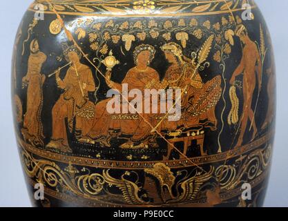 Dionysos avec Ariadne sur un banquet en vigne. Loutrophoros (pour l'eau lustrale). Détail. Peintre Varrese (350-340 avant J.-C.). Faite dans les Pouilles, à partir de Ruvo di Puglia. Musée Archéologique National. Naples. L'Italie. Banque D'Images