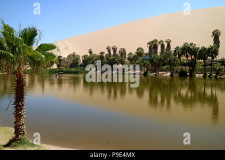 Reflet de palmiers sur la lagune Huacachina, oasis d'Ica, au Pérou avec la dune de sable en arrière-plan Banque D'Images