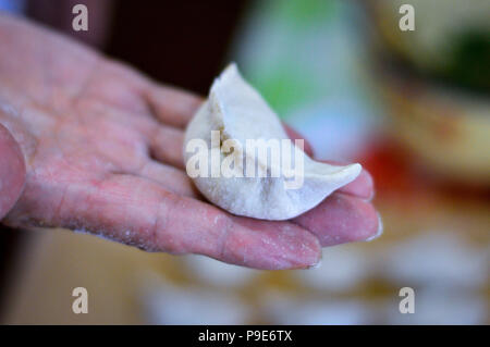 Close-up of Chinese Dumplings de crus placé sur une main. S'appelle dumplings jiaozi en chinois, est une populaire de la cuisine chinoise traditionnelle. Banque D'Images