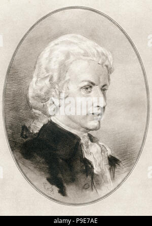 Wolfgang Amadeus Mozart, 1756 - 1791, baptisé Johannes Chrysostomus Wolfgangus Theophilus comme Mozart. Compositeur prolifique et influent de l'époque classique. Illustration par Gordon Ross, artiste et illustrateur américain (1873-1946), de vivre des biographies de grands compositeurs. Banque D'Images