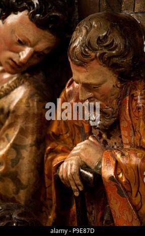 Joan Grau / 'Adoration des bergers" (détail), 1642, le retable de El Roser de l'église de Sant Pere Màrtir, sculptée par Joan Grau et par Gabriel polychromé Adrià et Magí Torrabruna, couvent des Dominicains, Manresa. Banque D'Images