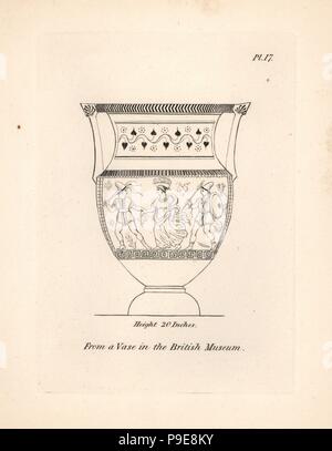 Vase avec de l'inscription d'un festival à Bacchus, woman holding feuille de vigne avec panier sur sa tête, et deux hommes tenant flambeau et javelots. Au British Museum. La gravure sur cuivre par Henry Moïse à partir d'une collection de vases antiques, autels, etc., Londres, 1814. Banque D'Images