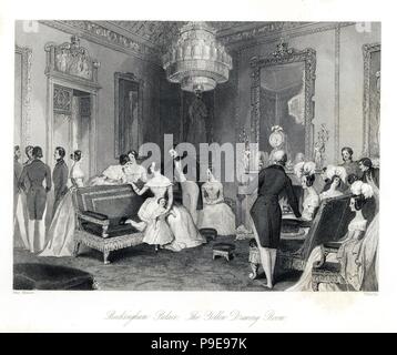 Famille royale soiree intime dans le salon jaune, le palais de Buckingham. La reine Victoria et le Prince Albert de détente à la maison. Gravure sur acier par Henry Melville après une illustration par MacManus à partir de London Interiors, leurs costumes et les cérémonies, Joshua Mead, Londres, 1841. Banque D'Images