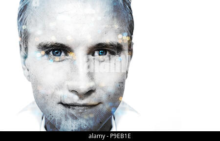 Transformation numérique chaque perturbation industrie technologie , concept d'intelligence artificielle. Double exposition du visage mâle et la platine de commande client Banque D'Images