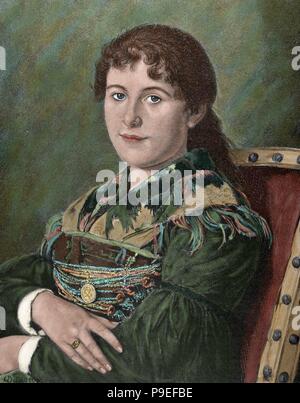 Jeune fille du Tyrol. Portrait. Gravure de Richard BrendÕamour (1831-1915) D'après une peinture du peintre autrichien Franz Degregger (1835-1921). 'La Ilustracion Iberica', 1885. De couleur. Banque D'Images