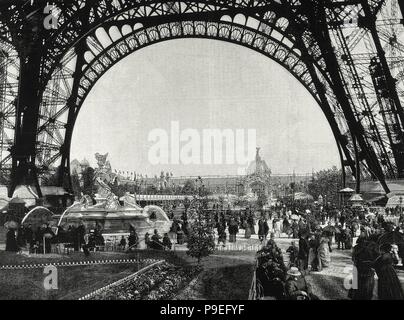 La France. Paris. Exposition universelle de 1889. Promenade au pied de la Tour Eiffel. En face, le pavillon argentin. Gravure de Rico. 'La Ilustracion Espanola y Americana'. Banque D'Images