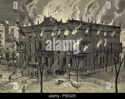 L'Espagne. La Catalogne. Barcelone. Palais du vice-roi détruit par un incendie la nuit du 25 au 26 décembre, 1875. Gravure de Rico. 'La Ilustracion Espanola y Americana', 1876. Banque D'Images