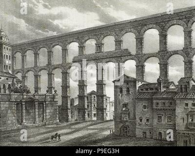 L'Espagne. Segovia. Aqueduc romain. La gravure. 19e siècle. Banque D'Images