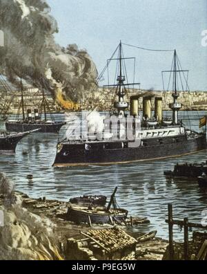 La Fédération de cuirassé Potemkine. Le cuirassé construit pour la marine impériale de Russie, Flotte de la mer Noire. Il devint célèbre lorsque l'équipage se révolta contre le bureau en juin 1905 (pendant la révolution). Le bombardement Potemkine Odessa. Illustration par Achille Beltrame (1871-1945). Couverture de 'La Domenica del Corriere", le 16 juin 1905. Banque D'Images