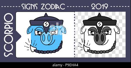 Symbole zodiaque Horoscope 2019 année du cochon scorpion. Сartoon сhinese couleur télévision horoscope icône et en noir et blanc illustration isolé sur blanc bac Illustration de Vecteur