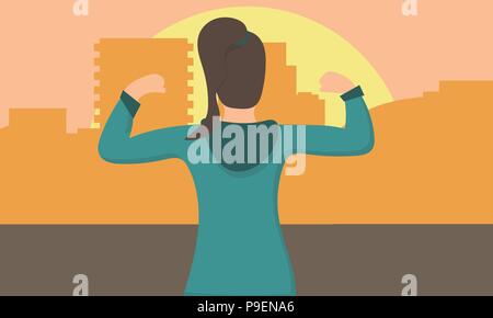 Forte puissance femme montrant ses muscles contre la silhouette urbaine Illustration de Vecteur