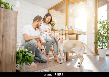 Jeune couple avec chien à la maison Banque D'Images