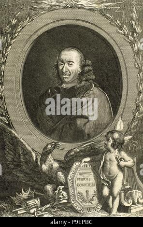 Pierre Corneille (1606-1684). Dramaturge français. Portrait. Gravure de Drosser. Banque D'Images