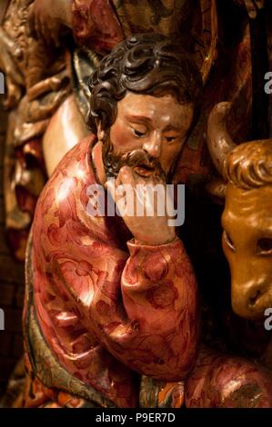 Joan Grau / 'Adoration des bergers" (détail), 1642, le retable de El Roser de l'église de Sant Pere Màrtir, sculptée par Joan Grau et par Gabriel polychromé Adrià et Magí Torrabruna, couvent des Dominicains, Manresa. Banque D'Images