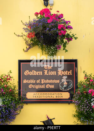 Belle fleur et zones de la fenêtre affiche au Golden Lion Hotel et pub à Padstow Cornwall UK Banque D'Images