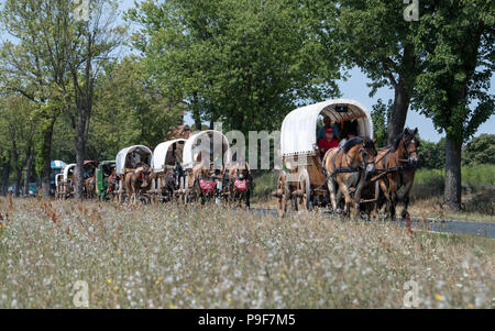 18 juillet 2018, Borgwalde, Allemagne : les wagons du plan peut être vu sur une rue au sud-ouest de Berlin. L'élevage de chevaux lourds et Sports Association Brueck e.V. est l'hôte d'un wagon trail plan via la Pologne, Kaliningrad, la Lituanie, la Lettonie, l'Estonie à Krasnodar en Russie. La visite sera pour l'unité et contre la haine et l'absence de manque de compréhension, d'une Europe réconciliée, libre. Photo : Bernd von Jutrczenka/dpa Banque D'Images