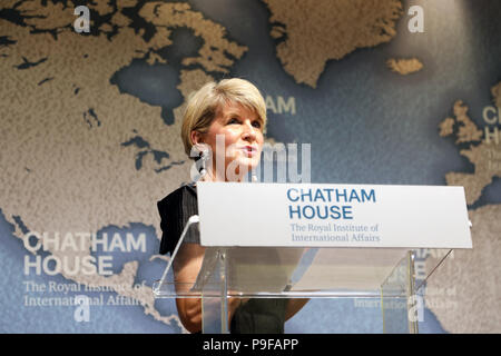 London / UK - 18 juillet 2018 : Julie Bishop, ministre australien des affaires étrangères, parlant au think-tank Chatham House dans le centre de Londres. Credit : Dominic Dudley/Alamy Live News Banque D'Images