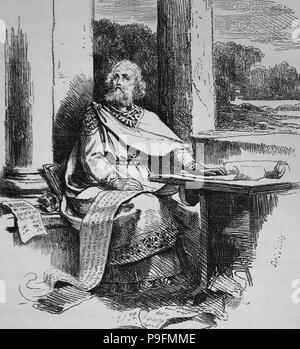 Cour de Charlemagne ou Charles le Grand (742-814). Empire carolingien. Gravure de Germania, 1882 Banque D'Images