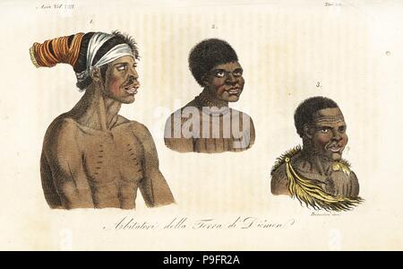 Aborigène Australien en turban, Cour-rou-bari-gal, et de Tasmanie aborigènes Bara-Ourou Grou-Agara avec l'épaule et tatoué dans la peau des animaux-cape. Les gens de la Tasmanie ont été exterminés par les colons britanniques. Taille-douce coloriée gravée par Andrea Bernieri après Nicolas Martin Petit de Giulio Ferrario's costumes anciens et modernes de tous les peuples du monde, Florence, Italie, 1844. Banque D'Images