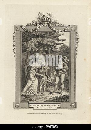 Marguerite, Reine d'Henry VI, avec son fils, le Prince Edward, protégé par un voleur après la bataille de Hexham, 1464. (Scène fictive.) la gravure sur cuivre par C. Grignion après une illustration par Edwards de la plaque de cuivre Magazine mensuel ou trésor, G. Kearsley, Londres, 1778. Banque D'Images