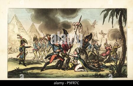 Napoléon Bonaparte ordonnant le massacre de femmes et d'enfants au Caire pendant la campagne d'Égypte, 1798. La gravure sur cuivre coloriée par George Cruikshank à partir de la vie de Napoléon une Hudibrastic Poème de médecin de la syntaxe, T. Tegg, Londres, 1815. Banque D'Images