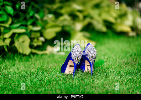 Belles talons hauts bleu vif avec diamond suppléants assis sur une épaisse couche d'herbe Banque D'Images